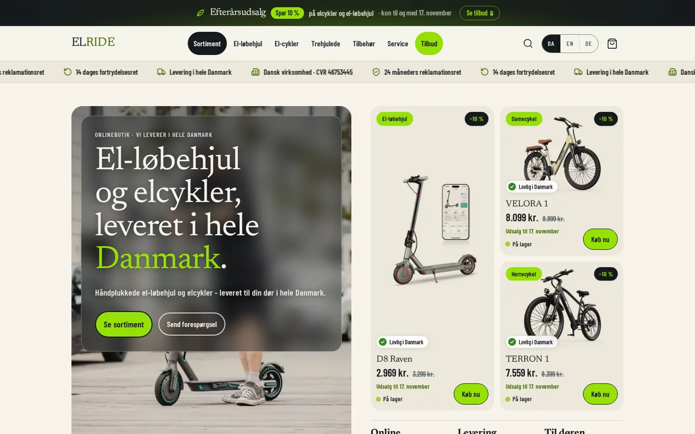 Skærmbillede af forsiden på elride.dk.