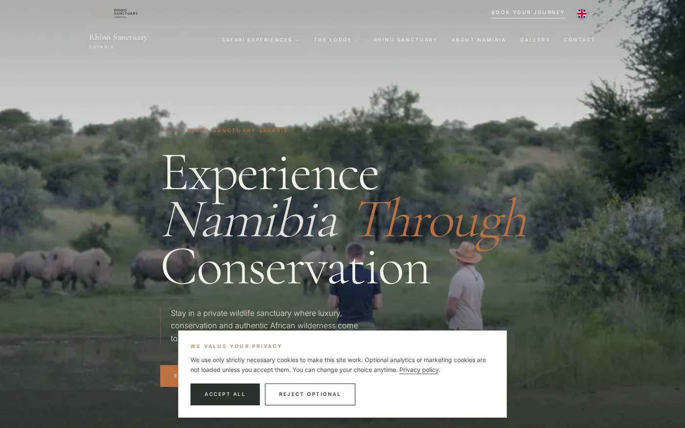 Skærmbillede af forsiden på rhinosanctuarysafari.com.
